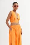 Buy_TIC_Orange Silk Solid Shirt Collar Wrap Crop Top With Skirt _Online_at_Aza_Fashions