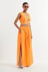 Shop_TIC_Orange Silk Solid Shirt Collar Wrap Crop Top With Skirt _Online_at_Aza_Fashions