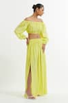 Buy_The Indian Cause_Yellow Silk Shawl Neck Ruched Crop Top With Skirt_Online_at_Aza_Fashions