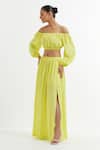Shop_The Indian Cause_Yellow Silk Shawl Neck Ruched Crop Top With Skirt_Online_at_Aza_Fashions