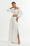 TIC_White Silk Solid Shirt Collar Off Shoulder Crop Top With Skirt _Online_at_Aza_Fashions