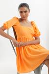 Buy_The Indian Cause_Orange Silk Round Neck Fit And Flare Short Dress _Online_at_Aza_Fashions