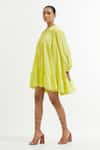 TIC_Yellow Silk Solid Shirt Collar Tiered Dress _Online_at_Aza_Fashions