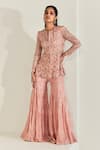 Buy_Ritika Mirchandani_Pink Net Hand Embroidery Bead Notched Esme Resham Kurta With Sharara  _at_Aza_Fashions