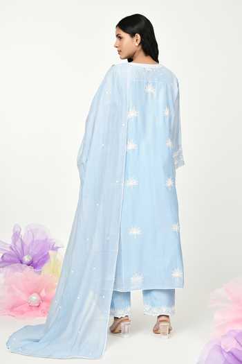 Shop_Komal Shah_Blue Chanderi, Cotton Lace, Embroidery Round Neck Kurta Set _at_Aza_Fashions