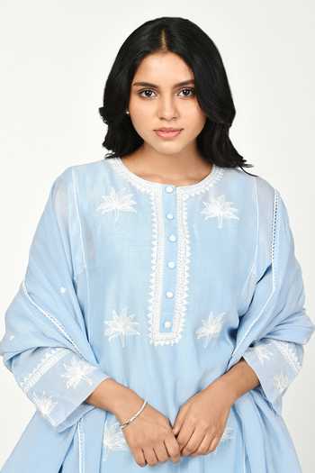 Komal Shah_Blue Chanderi, Cotton Lace, Embroidery Round Neck Kurta Set _Online_at_Aza_Fashions