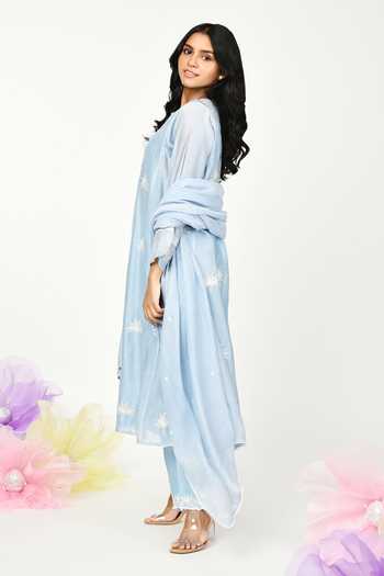 Buy_Komal Shah_Blue Chanderi, Cotton Lace, Embroidery Round Neck Kurta Set _Online_at_Aza_Fashions