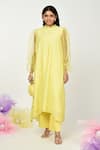 Buy_Komal Shah_Yellow Kurta Chanderi Embroidery Polka Dots High Neck And Pant Set _at_Aza_Fashions