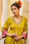 Rajiramniq_Yellow Crepe Placement Hand Embroidery Dori V Neck Bell Sleeve Anarkali Set _Online_at_Aza_Fashions