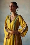 Buy_Rajiramniq_Yellow Silk Placement Hand Embroidery Cutdana V Neck And Sequin Anarkali Set _Online_at_Aza_Fashions