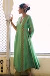 Shop_Rajiramniq_Green Silk Placement Hand Embroidery Cutdana V Neck Anarkali Salwar Set _at_Aza_Fashions