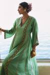 Rajiramniq_Green Silk Placement Hand Embroidery Cutdana V Neck Anarkali Salwar Set _Online_at_Aza_Fashions