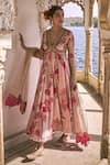 Buy_Rajiramniq_Pink Crepe Print Retro Floral V Neck Anarkali Palazzo Set _at_Aza_Fashions