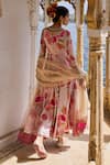 Shop_Rajiramniq_Pink Crepe Print Retro Floral V Neck Anarkali Palazzo Set _at_Aza_Fashions