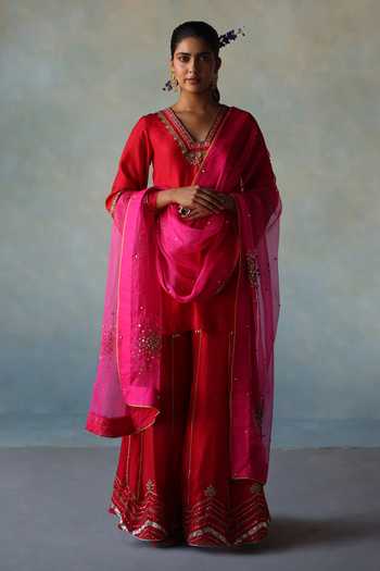 Buy_Rajiramniq_Pink Silk, Organza Cut Work, Sequins, Placement Embroidered Kurta Sharara Set _at_Aza_Fashions