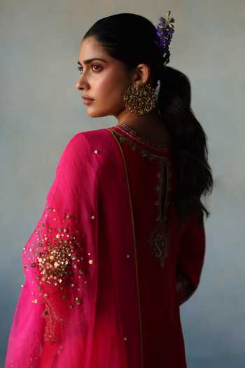 Shop_Rajiramniq_Pink Silk, Organza Cut Work, Sequins, Placement Embroidered Kurta Sharara Set _at_Aza_Fashions