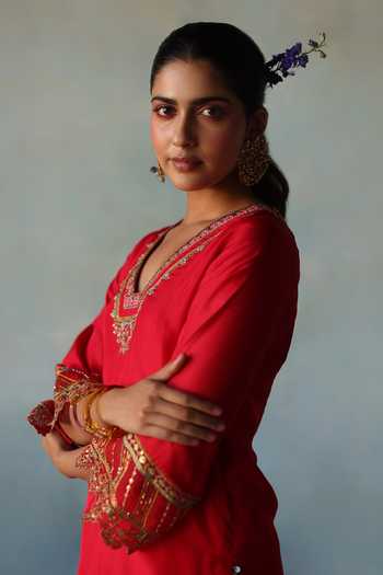 Rajiramniq_Pink Silk, Organza Cut Work, Sequins, Placement Embroidered Kurta Sharara Set _Online_at_Aza_Fashions