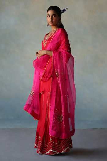 Buy_Rajiramniq_Pink Silk, Organza Cut Work, Sequins, Placement Embroidered Kurta Sharara Set _Online_at_Aza_Fashions