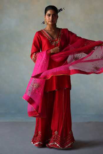 Shop_Rajiramniq_Pink Silk, Organza Cut Work, Sequins, Placement Embroidered Kurta Sharara Set _Online_at_Aza_Fashions