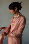 Rajiramniq_Pink Silk Placement Embroidery Cutdana Box V Neck Short Kurta Sharara Set _Online_at_Aza_Fashions