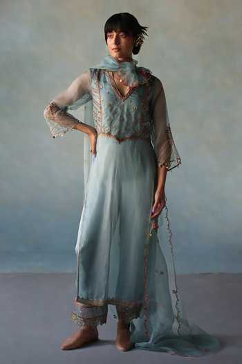 Buy_Rajiramniq_Blue Organza, Modal, Satin Embroidery, Sequins, Floral Yoke Kurta Palazzo Set _at_Aza_Fashions