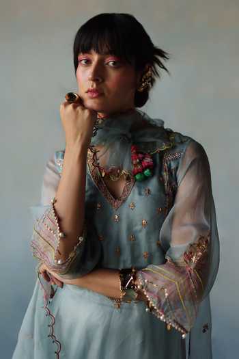 Rajiramniq_Blue Organza, Modal, Satin Embroidery, Sequins, Floral Yoke Kurta Palazzo Set _Online_at_Aza_Fashions