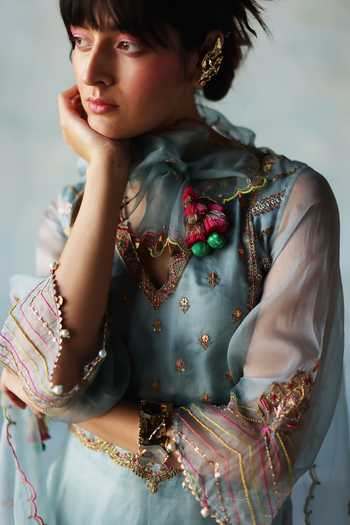 Buy_Rajiramniq_Blue Organza, Modal, Satin Embroidery, Sequins, Floral Yoke Kurta Palazzo Set _Online_at_Aza_Fashions