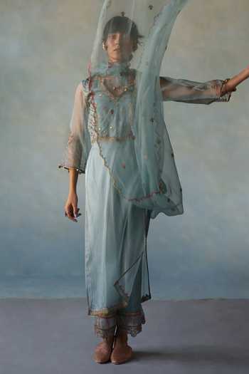 Shop_Rajiramniq_Blue Organza, Modal, Satin Embroidery, Sequins, Floral Yoke Kurta Palazzo Set _Online_at_Aza_Fashions