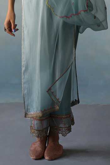 Rajiramniq_Blue Organza, Modal, Satin Embroidery, Sequins, Floral Yoke Kurta Palazzo Set _at_Aza_Fashions
