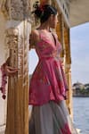 Shop_Rajiramniq_Pink Kurta  Crepe Printed Floral V Neck Yoke Embroidered Short And Sharara Set _at_Aza_Fashions