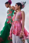 Rajiramniq_Pink Kurta  Crepe Printed Floral V Neck Yoke Embroidered Short And Sharara Set _Online_at_Aza_Fashions