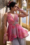 Buy_Rajiramniq_Pink Kurta  Crepe Printed Floral V Neck Yoke Embroidered Short And Sharara Set _Online_at_Aza_Fashions