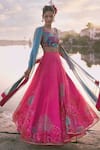 Buy_Rajiramniq_Pink Organza Printed Floral Blunt V Neck Blouse Lehenga Set _at_Aza_Fashions