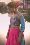 Rajiramniq_Pink Organza Printed Floral Blunt V Neck Blouse Lehenga Set _Online_at_Aza_Fashions