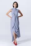 Buy_S&N by Shantnu Nikhil_Blue Cotton Gingham Pattern High Neck Draped Dress _at_Aza_Fashions