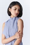 Shop_S&N by Shantnu Nikhil_Blue Cotton Gingham Pattern High Neck Draped Dress _Online_at_Aza_Fashions