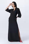 Buy_S&N by Shantnu Nikhil_Black Delta Crepe Embroidered Thread Patch Work And Pinstripe High Slit Dress _at_Aza_Fashions