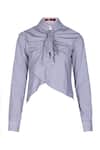 S&N by Shantnu Nikhil_Blue Cotton Ruffles Collared Gingham Pattern Draped Shirt _Online_at_Aza_Fashions