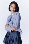 Buy_S&N by Shantnu Nikhil_Blue Cotton Ruffles Collared Gingham Pattern Draped Shirt _Online_at_Aza_Fashions