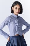Shop_S&N by Shantnu Nikhil_Blue Cotton Ruffles Collared Gingham Pattern Draped Shirt _Online_at_Aza_Fashions