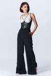 Buy_S&N By Shantnu Nikhil_Black Faux Leather V-neck Laser Cut Pattern Under Bust Corset Top_at_Aza_Fashions