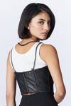 Shop_S&N By Shantnu Nikhil_Black Faux Leather V-neck Laser Cut Pattern Under Bust Corset Top_at_Aza_Fashions