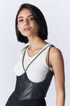 Shop_S&N By Shantnu Nikhil_Black Faux Leather V-neck Laser Cut Pattern Under Bust Corset Top_Online_at_Aza_Fashions