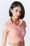 Shop_S&N by Shantnu Nikhil_Orange Cotton Gingham Pattern Spread Collar Crop Shirt _Online_at_Aza_Fashions