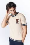 Buy S&N By Shantnu Nikhil Beige Nylon Patchwork Logo Knit T Shirt Online at Aza Fashions Buy_S&N By Shantnu Nikhil_Beige Nylon Patchwork Logo Knit T Shirt_Online_at_Aza_Fashions