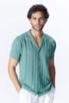 Buy_S&N by Shantnu Nikhil_Green Recycled Nylon Embroidery Crest Notched Lapel Collar Shirt _Online_at_Aza_Fashions