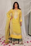 Buy_Kyra by Bhavna_Yellow Organza Embroidered Gota Notched Kurta Lehenga Set  _at_Aza_Fashions