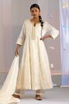 Buy_Kyra By Bhavna_Ivory Chanderi Embroidery Split V-neck Anarkali Set _at_Aza_Fashions