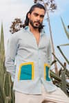 Buy_Runit Gupta_Blue Cotton Linen Color Block Patch Pocket Shirt  _at_Aza_Fashions