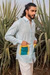 Shop_Runit Gupta_Blue Cotton Linen Color Block Patch Pocket Shirt  _at_Aza_Fashions